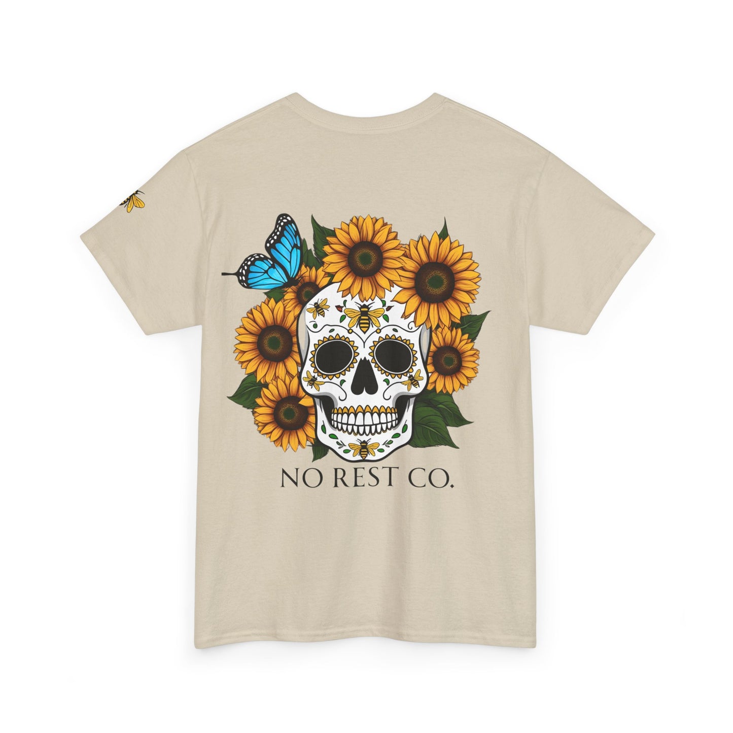 Day of the Dead Inspired Heavy Cotton Tee - No Rest Co. Skull & Sunflower Design