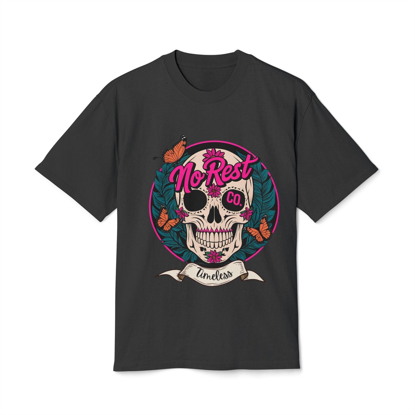 No Rest Co. Heavy Faded Tee - Timeless Skull & Butterflies Graphic Shirt