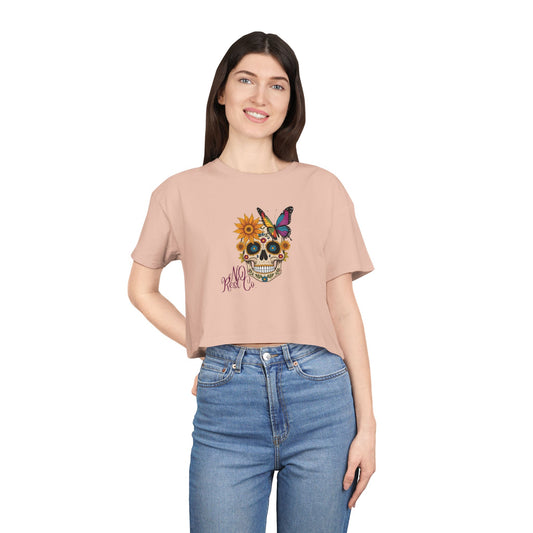 Timeless Floral Skull Women's Crop Tee for Boho Fashion Lovers