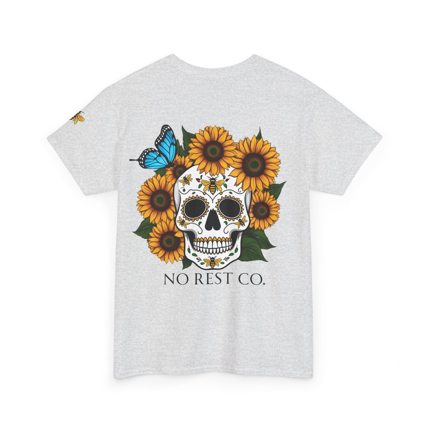 Day of the Dead Inspired Heavy Cotton Tee - No Rest Co. Skull & Sunflower Design