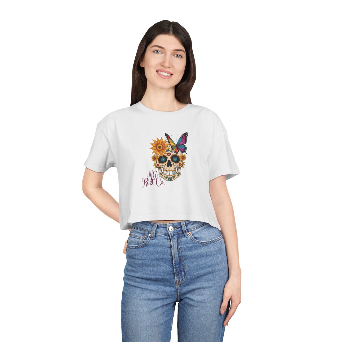 Timeless Floral Skull Women's Crop Tee for Boho Fashion Lovers