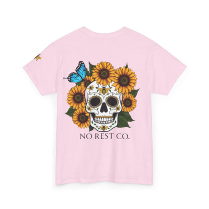 Day of the Dead Inspired Heavy Cotton Tee - No Rest Co. Skull & Sunflower Design