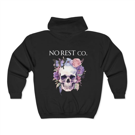 No Rest Co. Skull Floral Full Zip Hoodie - Heavy Blend Sweatshirt