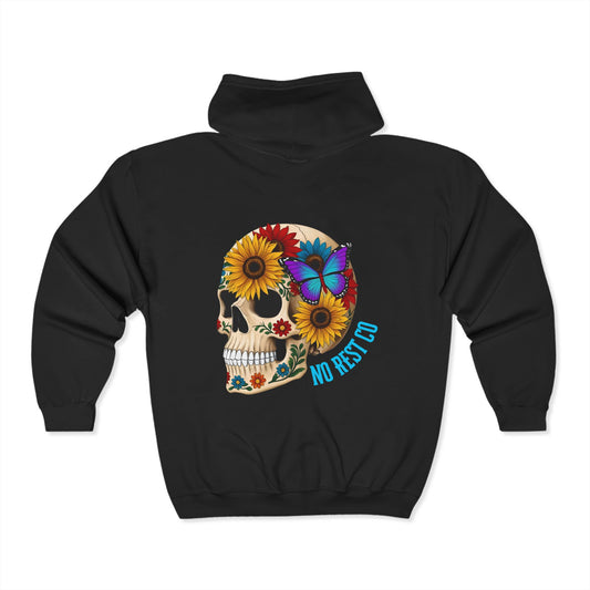 No Rest Co. Full Zip Hoodie - Edgy Skull & Butterfly Design