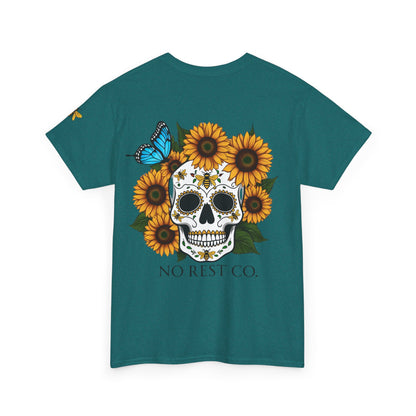 Day of the Dead Inspired Heavy Cotton Tee - No Rest Co. Skull & Sunflower Design