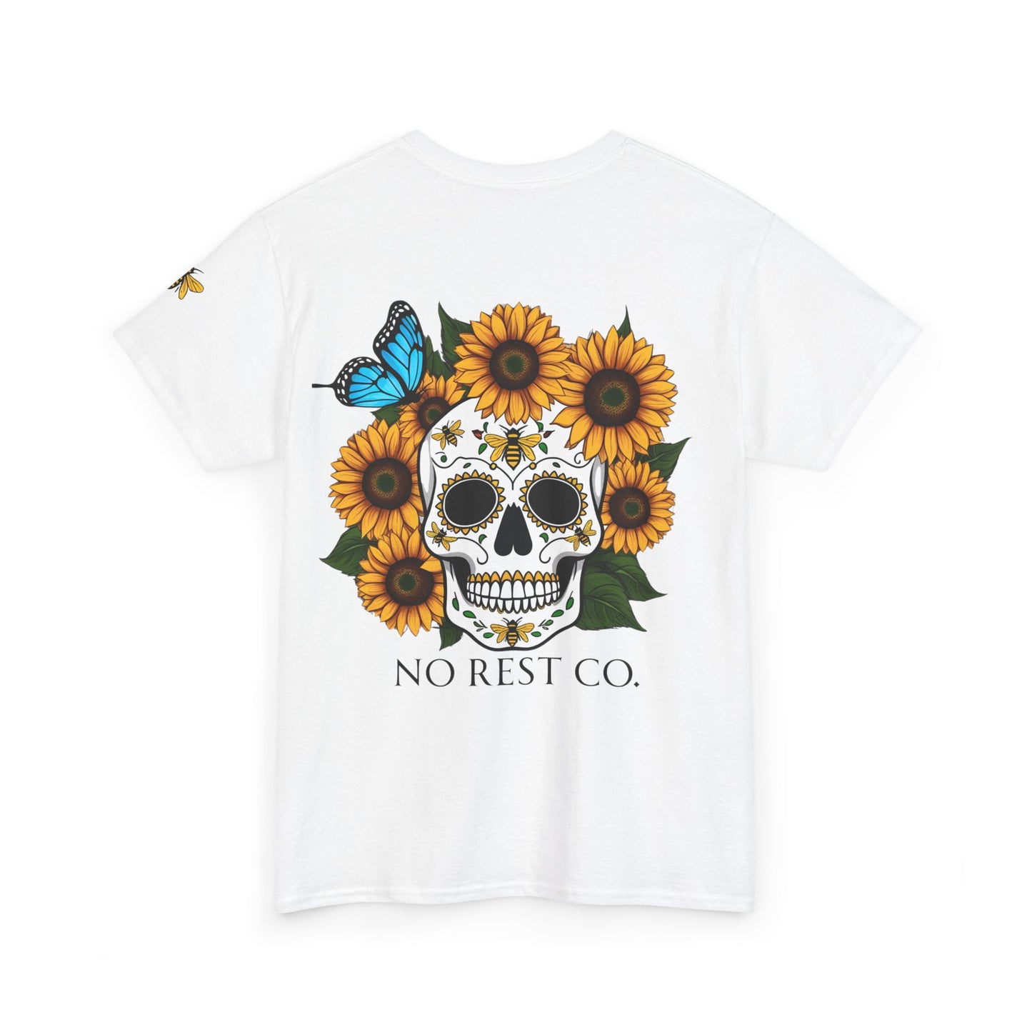 Day of the Dead Inspired Heavy Cotton Tee - No Rest Co. Skull & Sunflower Design
