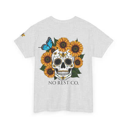 Day of the Dead Inspired Heavy Cotton Tee - No Rest Co. Skull & Sunflower Design