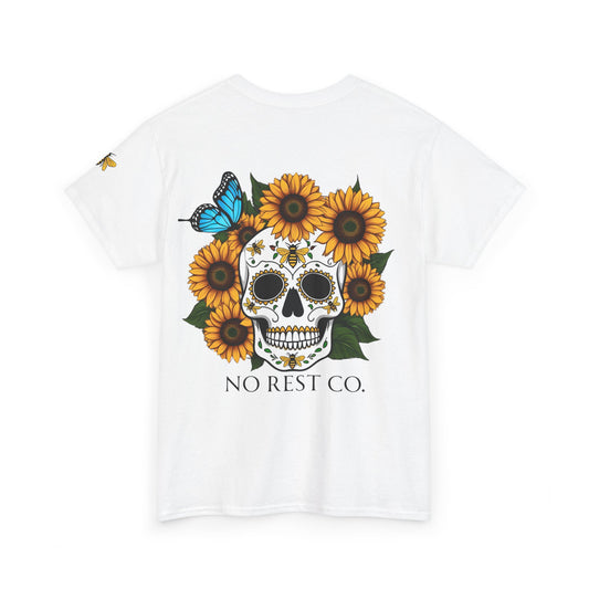 Day of the Dead Inspired Heavy Cotton Tee - No Rest Co. Skull & Sunflower Design