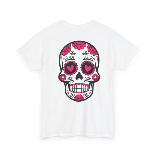 Dia de los Muertos Skull Tee - Cotton T-Shirt with Floral Heart Design