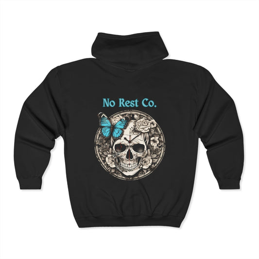 No Rest Co. Unisex Full Zip Hoodie - Edgy Skull & Butterfly Design